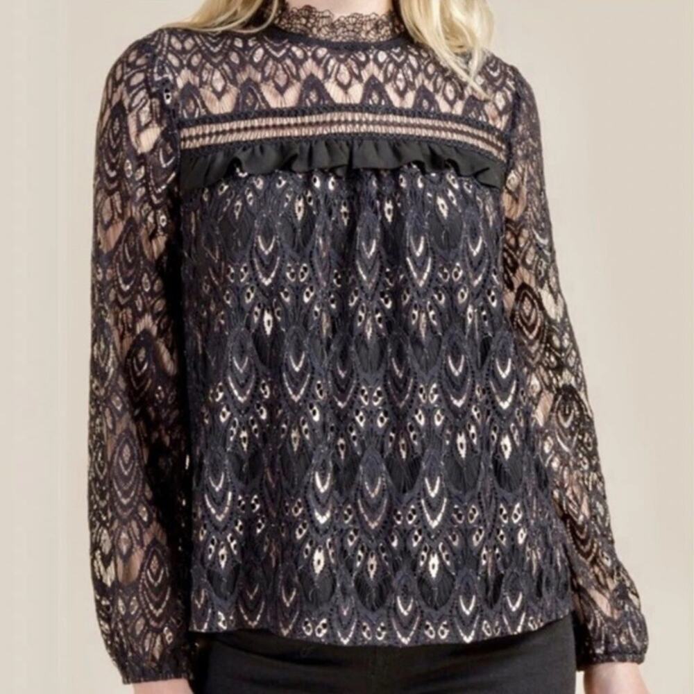 Francesca’s Blue Rain Lace Long Sleeve Blouse Black Size M